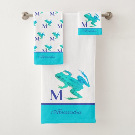 Moderne Blauwgroen blauwe boomkikker Naam monogram Bad Handdoek (Insitu)