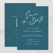 Moderne Blauwgroen blauwe bruiloft met kalligrafie Save The Date (Voorkant / Achterkant)