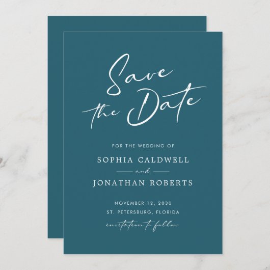 Moderne Blauwgroen blauwe bruiloft met kalligrafie Save The Date (Voorkant / Achterkant)