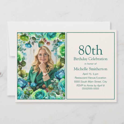 Moderne Blauwgroen Blauwe Groene Bloemen 80ste Ver Kaart (Voorkant)