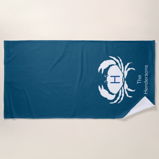 Moderne Blauwgroen blauwe krab monogram Nautical D Strandlaken (Voorkant)