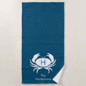 Moderne Blauwgroen blauwe krab monogram Nautical D Strandlaken (Voorkant)