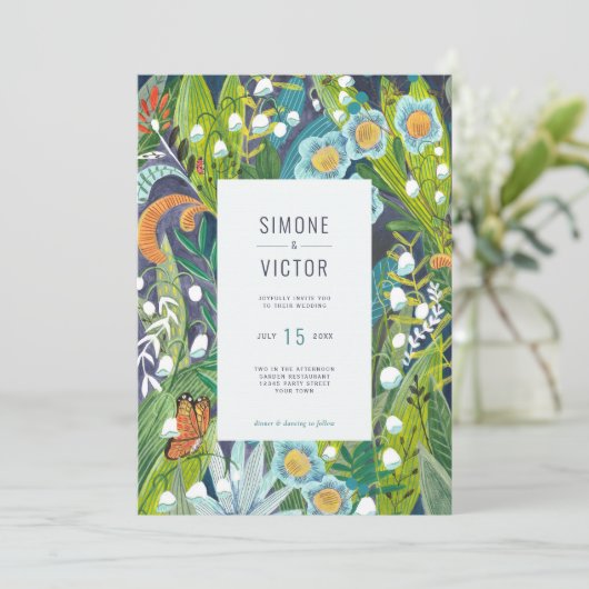 moderne Blauwgroen blauwe Oranje Floral Wedding-ui Kaart (Staand voorkant)