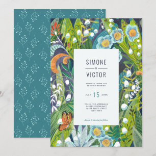 moderne Blauwgroen blauwe Oranje Floral Wedding-ui Kaart