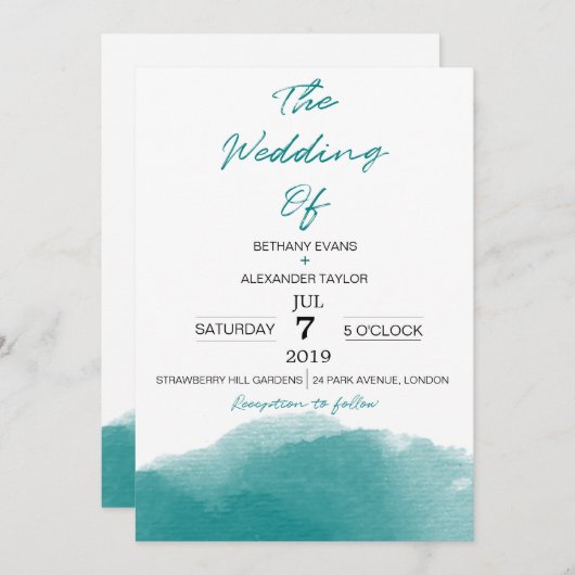 Moderne Blauwgroen Blauwe Waterverf Script bruilof Kaart (Voorkant / Achterkant)