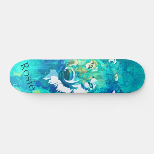 Moderne blauwgroen blauwe waterverf wolf persoonlijk skateboard (Horizontaal)