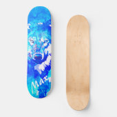 Moderne blauwgroen blauwe witte waterverf wolf persoonlijk skateboard (Voorkant)