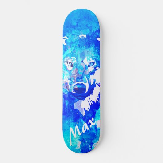 Moderne blauwgroen blauwe witte waterverf wolf persoonlijk skateboard (Voorkant)