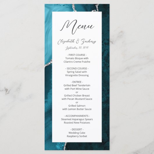 Moderne Blauwgroen blauwe zilver Agate Wedding Menu (Voorkant)