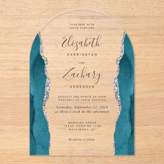 Moderne Blauwgroen Blauwe Zilveren Agaat Boog Wedd Acryl Uitnodigingen (Voorkant)
