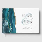 Moderne Blauwgroen blauwgrijs Gold-script Gastenboek (Voorkant)