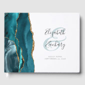 Moderne Blauwgroen blauwgrijs Gold-script Gastenboek (Voorkant)