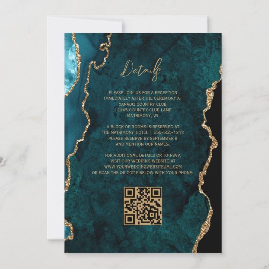 Moderne Blauwgroen Blue Agate Script QR Code Weddi Kaart (Achterkant)