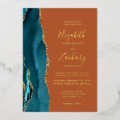 Moderne Blauwgroen Blue Gold Agaat Rust Wedding Folie Uitnodiging (Voorkant)