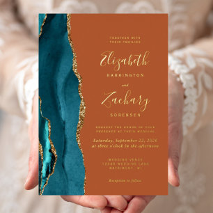 Moderne Blauwgroen Blue Gold Agaat Rust Wedding Folie Uitnodiging