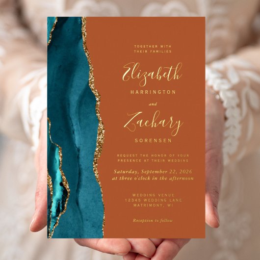 Moderne Blauwgroen Blue Gold Agaat Rust Wedding Folie Uitnodiging