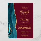 Moderne Blauwgroen Blue Gold Agate Bourgogne bruil Folie Uitnodiging (Voorkant)