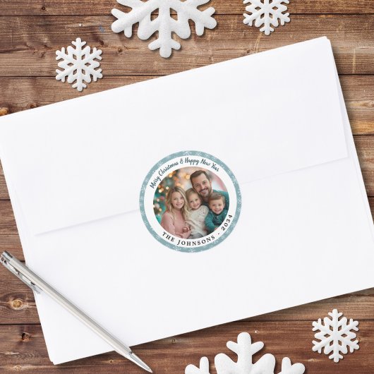 Moderne Blauwgroen Blue Snowflakes Ronde Vakantie Sticker