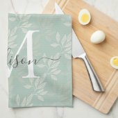 Moderne Blauwgroen botanische bladeren Monogram sc Theedoek (Quarter Fold)