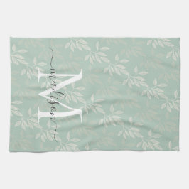 Moderne Blauwgroen botanische bladeren Monogram sc Theedoek