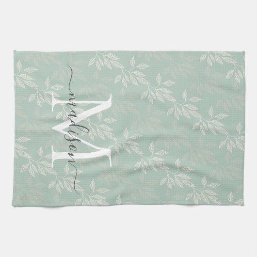 Moderne Blauwgroen botanische bladeren Monogram sc Theedoek (Horizontaal)