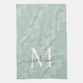 Moderne Blauwgroen botanische bladeren Monogram sc Theedoek (Verticaal)