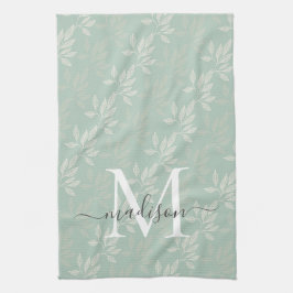 Moderne Blauwgroen botanische bladeren Monogram sc Theedoek