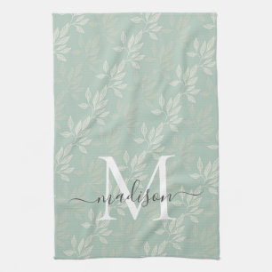 Moderne Blauwgroen botanische bladeren Monogram sc Theedoek