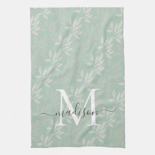 Moderne Blauwgroen botanische bladeren Monogram sc Theedoek (Verticaal)