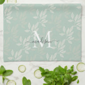 Moderne Blauwgroen botanische bladeren Monogram sc Theedoek (Gevouwen)