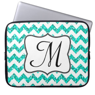 Moderne Blauwgroen Chevron Monogram 15" Laptop Hoe Sleeve