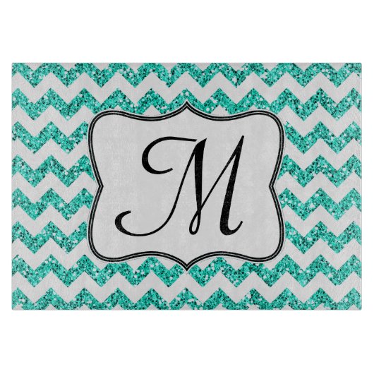 Moderne Blauwgroen Chevron Monogram Glassnijplank Snijplank (Voorkant)