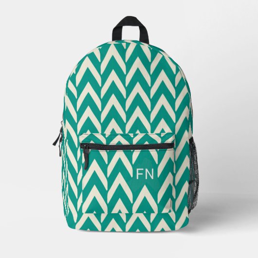 Moderne Blauwgroen Chevron Monogram Initialen Bedrukte Rugzak (Voorkant)