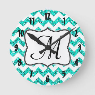 Moderne Blauwgroen Chevron Monogram Initialen wand Ronde Klok