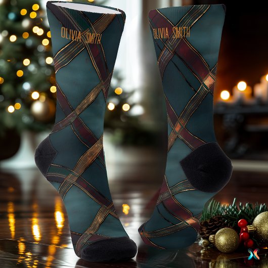 Moderne Blauwgroen en Bourgogne Christmas Plaid Cu Sokken