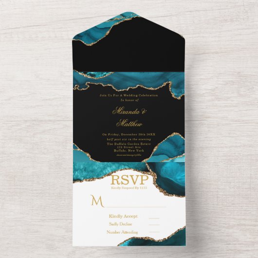 Moderne Blauwgroen en gouden bonte weddenschappen All In One Uitnodiging (Binnen)