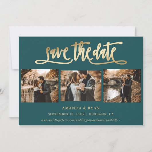 Moderne Blauwgroen en gouden bruiloft 4 Foto slaat Save The Date (Voorkant)