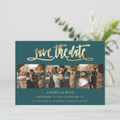 Moderne Blauwgroen en gouden bruiloft 4 Foto slaat Save The Date (Staand voorkant)