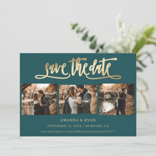 Moderne Blauwgroen en gouden bruiloft 4 Foto slaat Save The Date (Staand voorkant)