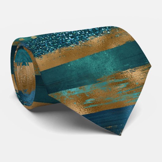 Moderne blauwgroen en gouden penseelverfstreken stropdas (Opgerold)
