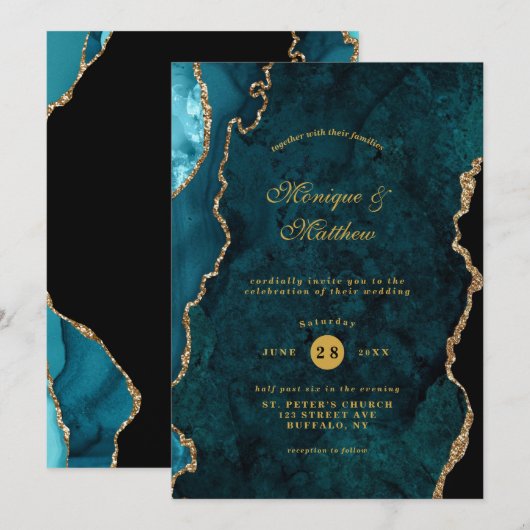 Moderne Blauwgroen en goudgetijdenweddenschap Invi Kaart (Voorkant / Achterkant)