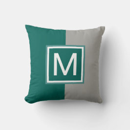 Moderne Blauwgroen en grijze monogrammen Kussen