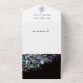 moderne blauwgroen en lavendere kerstboom op zwart all in one uitnodiging (Buitenkant)