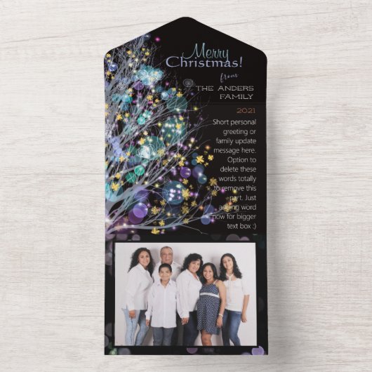 moderne blauwgroen en lavendere kerstboom op zwart all in one uitnodiging (Binnen)