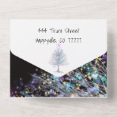 moderne blauwgroen en lavendere kerstboom op zwart all in one uitnodiging (Achterkant)