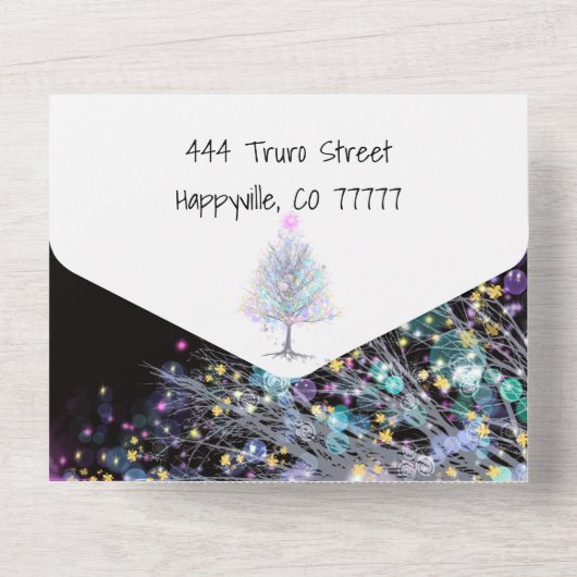 moderne blauwgroen en lavendere kerstboom op zwart all in one uitnodiging (Achterkant)