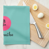 Moderne Blauwgroen en roze Rose Theedoek (Quarter Fold)