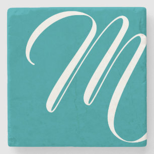 Moderne Blauwgroen en witte-manuscriptmonogram Stenen Onderzetter