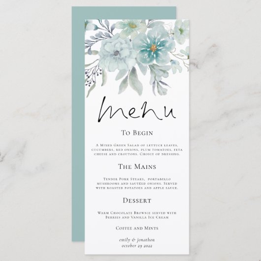 Moderne Blauwgroen Florals Zee Mist Wedding Menu (Voorkant / Achterkant)