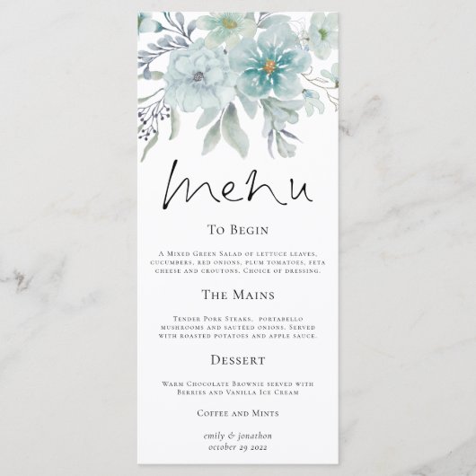 Moderne Blauwgroen Florals Zee Mist Wedding Menu (Voorkant)